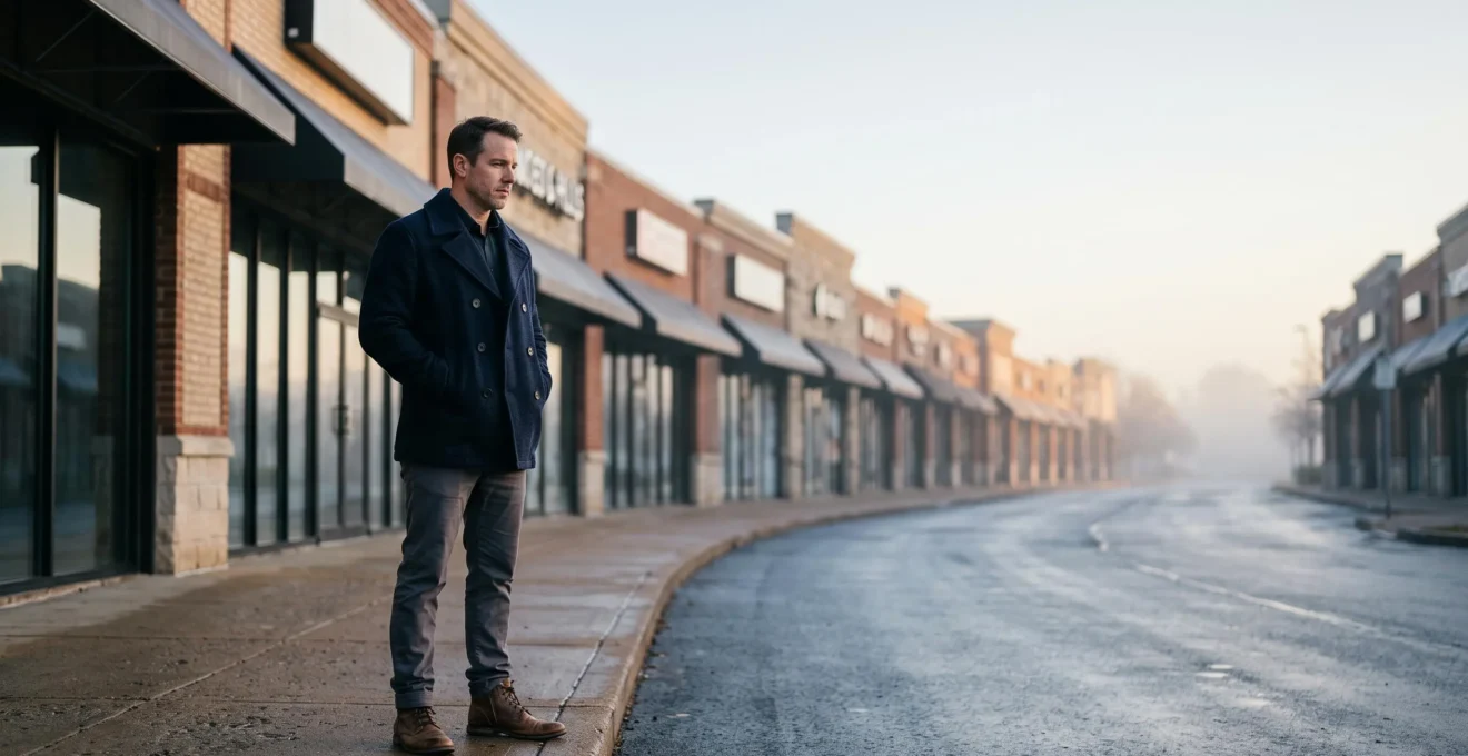 Entrepreneur observant une rue commerçante vide au petit matin pour évaluer le potentiel d'un futur emplacement