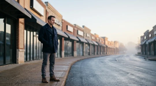 Entrepreneur observant une rue commerçante vide au petit matin pour évaluer le potentiel d'un futur emplacement