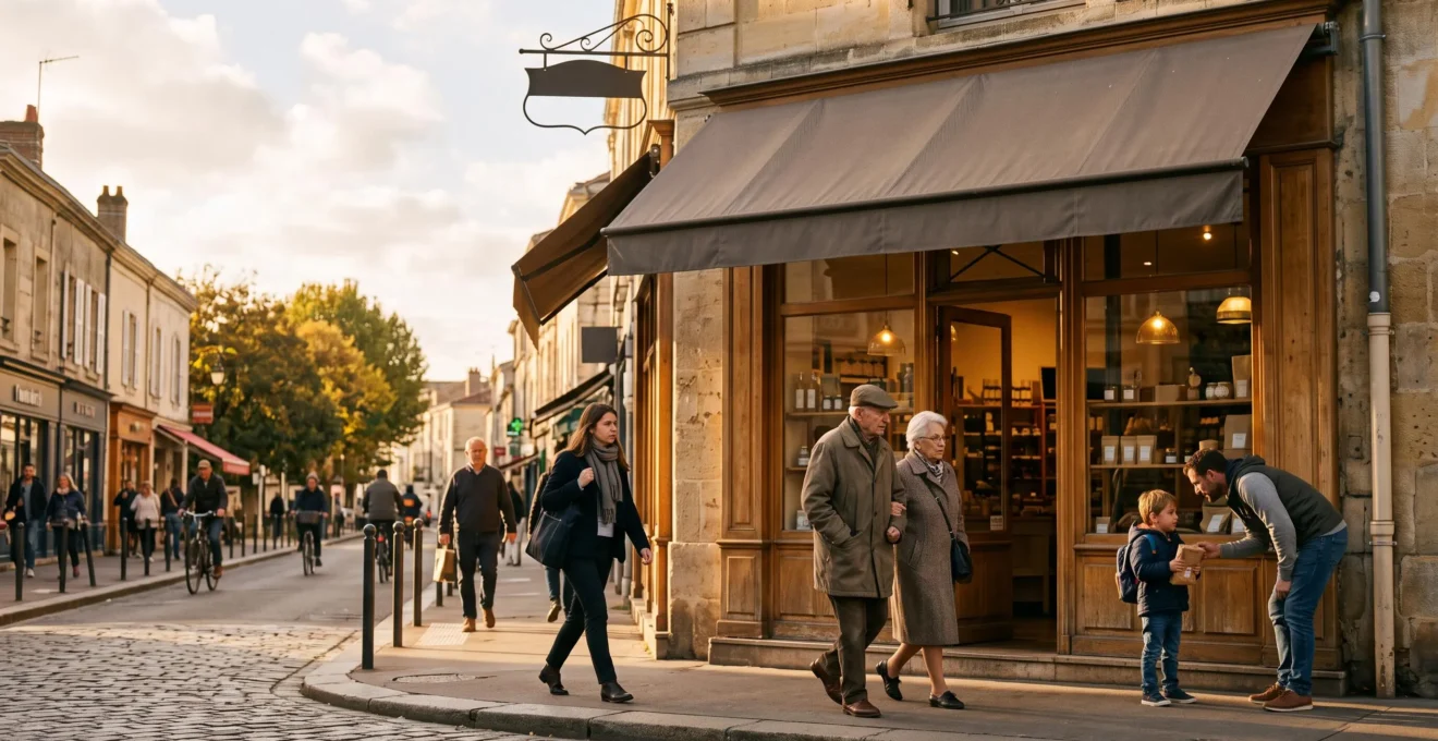 Devanture d'un commerce de quartier en France animée par des passants dans une rue commerçante conviviale