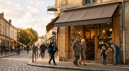 Devanture d'un commerce de quartier en France animée par des passants dans une rue commerçante conviviale