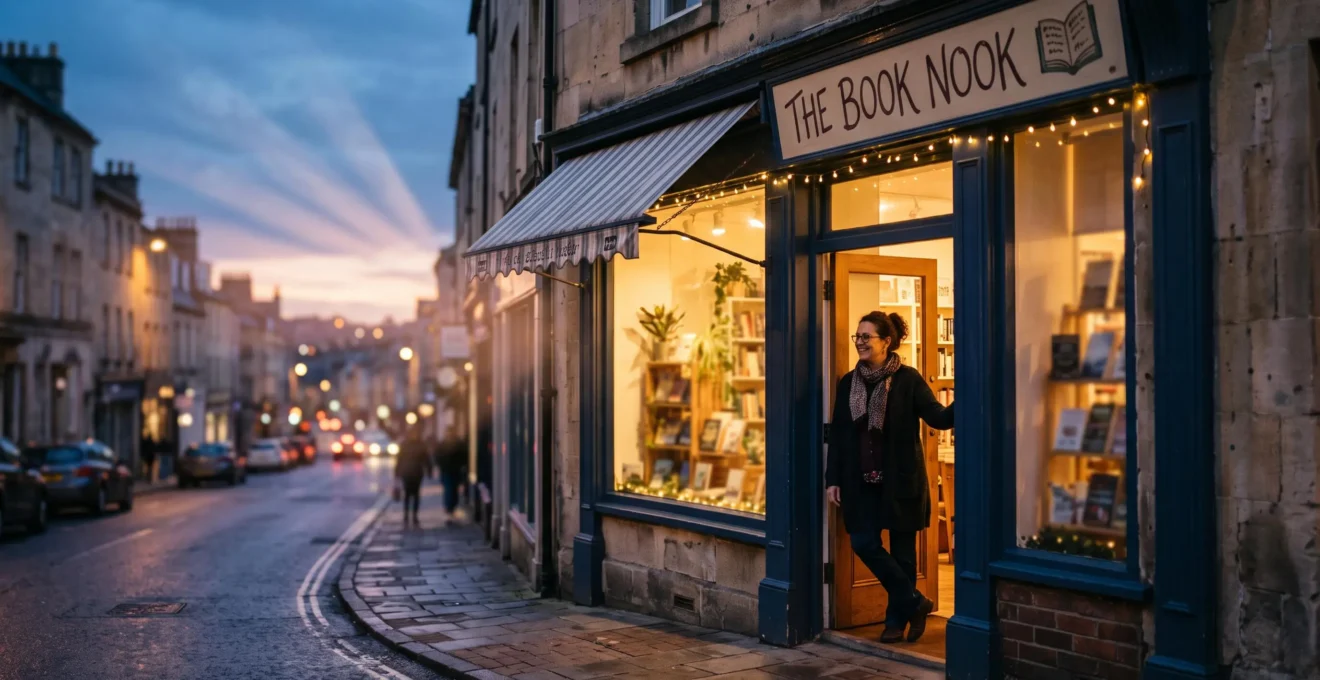 Vitrine d'un commerce de franchise éclairée en fin de journée, traversée par de larges faisceaux de lumière évoquant la portée d'une diffusion nationale qui converge vers le point de vente local
