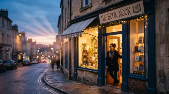 Vitrine d'un commerce de franchise éclairée en fin de journée, traversée par de larges faisceaux de lumière évoquant la portée d'une diffusion nationale qui converge vers le point de vente local