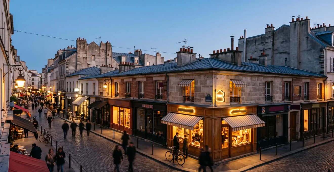Vue aérienne stylisée d'une rue commerçante représentant la cartographie stratégique des commerces concurrents