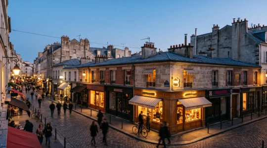 Vue aérienne stylisée d'une rue commerçante représentant la cartographie stratégique des commerces concurrents