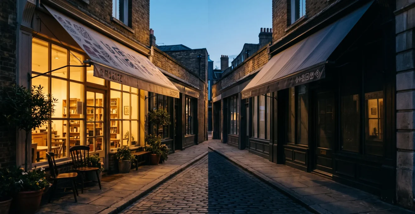Photographie éditoriale représentant une frontière commerciale invisible entre deux commerces, symbolisant les clauses d'exclusivité en franchise