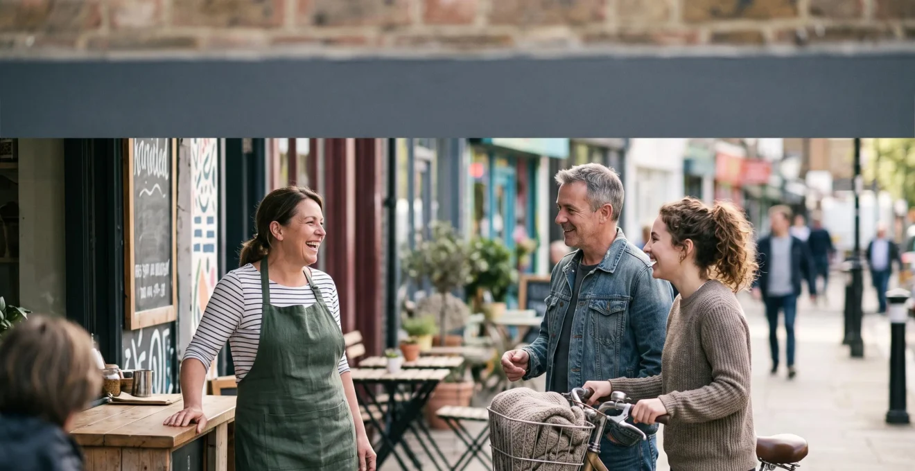 Gérant d'un commerce en franchise échangeant chaleureusement avec des habitants de son quartier devant sa vitrine, symbolisant la croissance d'une communauté locale engagée