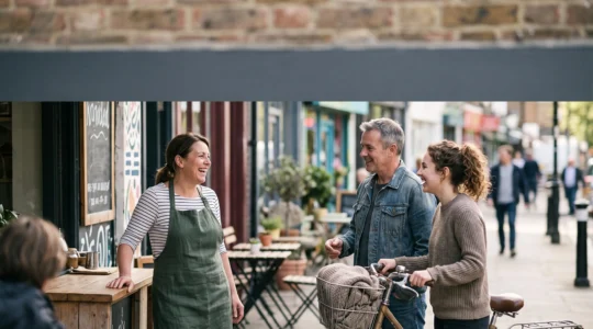Gérant d'un commerce en franchise échangeant chaleureusement avec des habitants de son quartier devant sa vitrine, symbolisant la croissance d'une communauté locale engagée