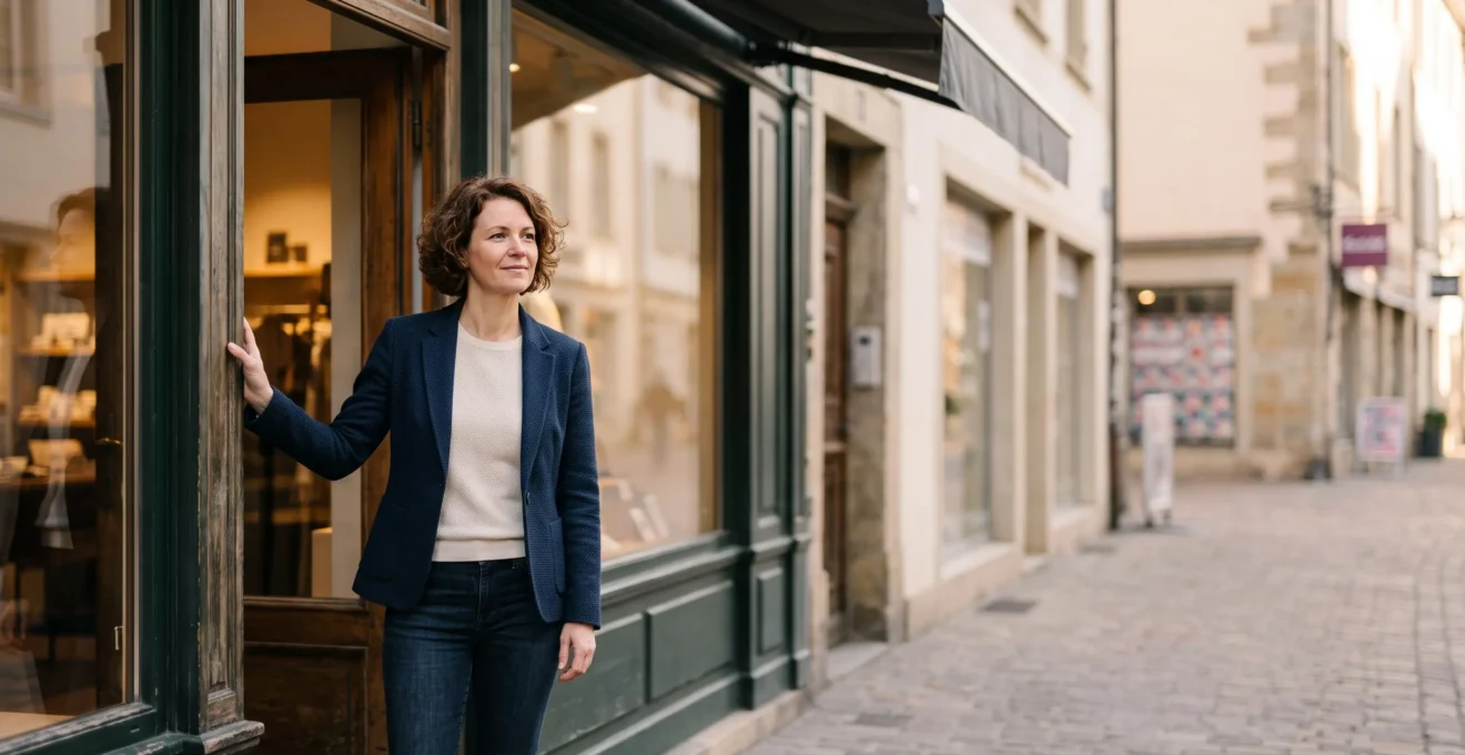 Chef d'entreprise franchisé debout devant son point de vente, incarnant l'équilibre entre indépendance et appartenance à un réseau