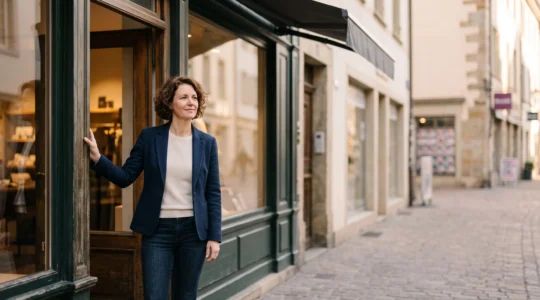 Chef d'entreprise franchisé debout devant son point de vente, incarnant l'équilibre entre indépendance et appartenance à un réseau