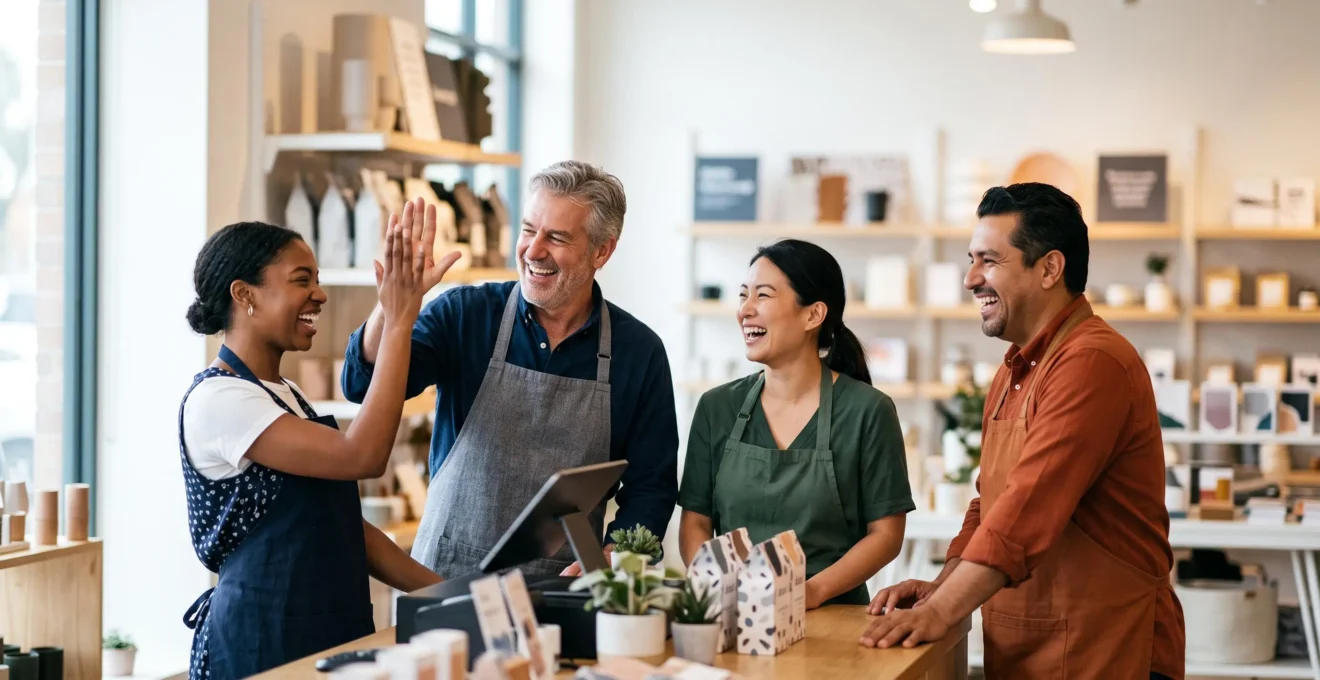 Équipe de collaborateurs en franchise souriants et impliqués, symbolisant la transformation de l'engagement au travail