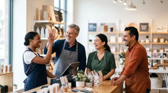 Équipe de collaborateurs en franchise souriants et impliqués, symbolisant la transformation de l'engagement au travail