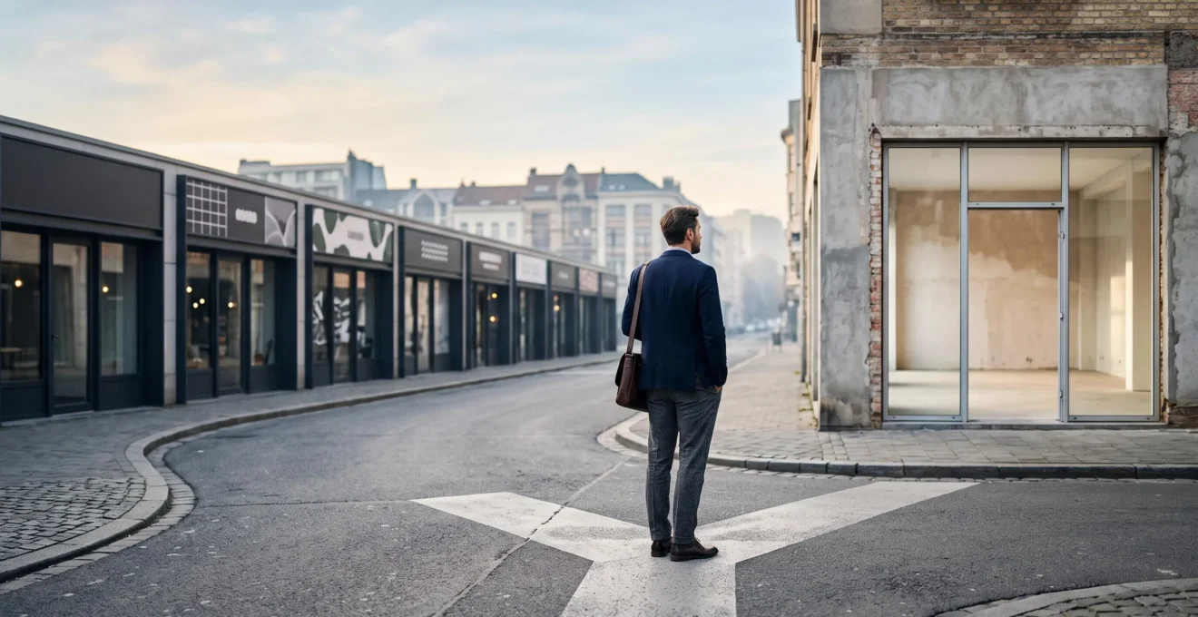 Un entrepreneur se tient à la croisée de deux chemins symbolisant le choix entre la franchise et la création indépendante