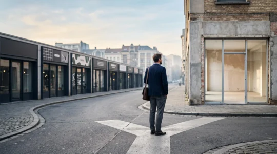 Un entrepreneur se tient à la croisée de deux chemins symbolisant le choix entre la franchise et la création indépendante