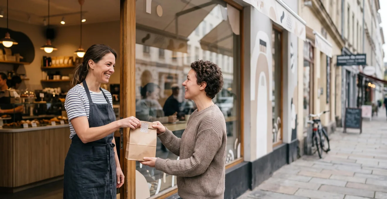 Un gerant de franchise accueille chaleureusement un client fidele dans une boutique lumineuse, symbole de satisfaction et de confiance durable.