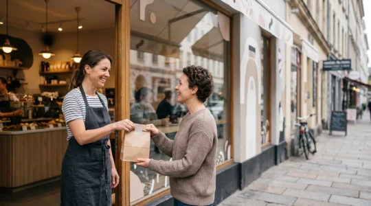 Un gerant de franchise accueille chaleureusement un client fidele dans une boutique lumineuse, symbole de satisfaction et de confiance durable.