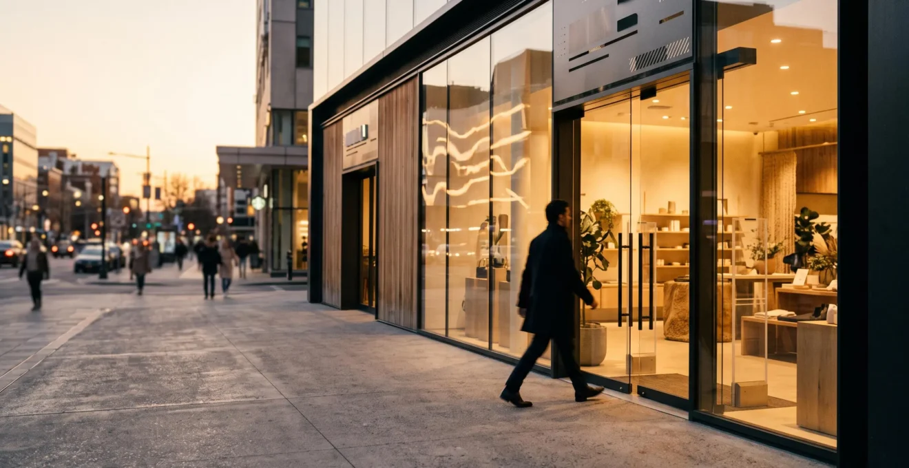 Vitrine de magasin franchisé au crépuscule avec un client s'approchant, symbolisant le passage du monde digital au monde physique
