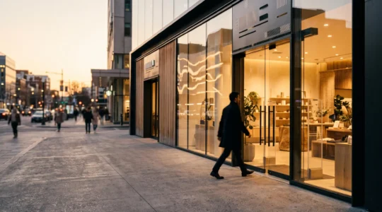 Vitrine de magasin franchisé au crépuscule avec un client s'approchant, symbolisant le passage du monde digital au monde physique
