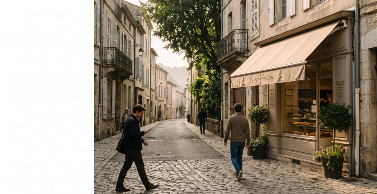 Devanture d'un commerce de franchise dans une rue commerçante française, symbolisant la visibilité locale sur Google Maps