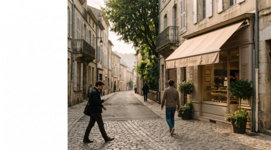 Devanture d'un commerce de franchise dans une rue commerçante française, symbolisant la visibilité locale sur Google Maps