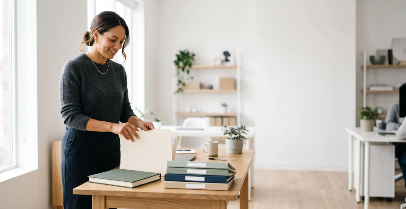 Entrepreneur organisant sereinement ses documents financiers dans un bureau lumineux, symbole de conformité comptable maîtrisée