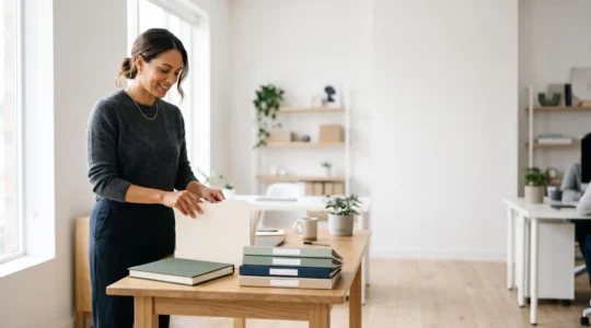 Entrepreneur organisant sereinement ses documents financiers dans un bureau lumineux, symbole de conformité comptable maîtrisée