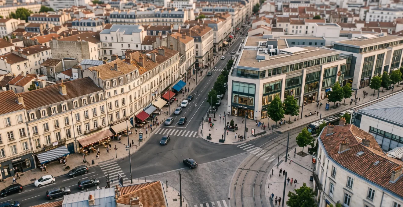 Vue aérienne symbolique d'un carrefour urbain animé illustrant l'analyse stratégique d'un emplacement commercial pour une franchise