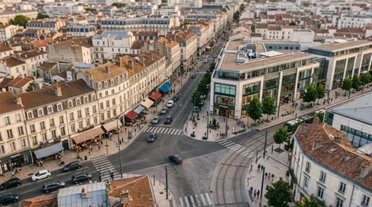 Vue aérienne symbolique d'un carrefour urbain animé illustrant l'analyse stratégique d'un emplacement commercial pour une franchise