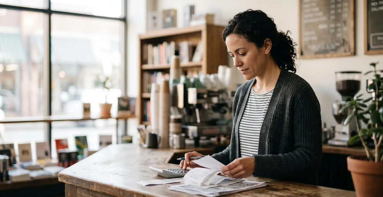 Un entrepreneur examine ses comptes mensuels dans sa boutique, illustrant l'impact des redevances de franchise sur sa rentabilité