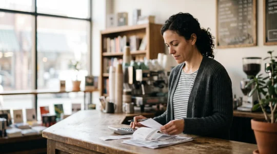 Un entrepreneur examine ses comptes mensuels dans sa boutique, illustrant l'impact des redevances de franchise sur sa rentabilité