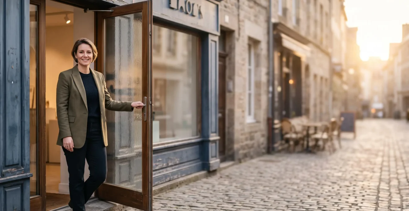 Un nouveau franchisé confiant au seuil de son commerce fraîchement ouvert au lever du jour
