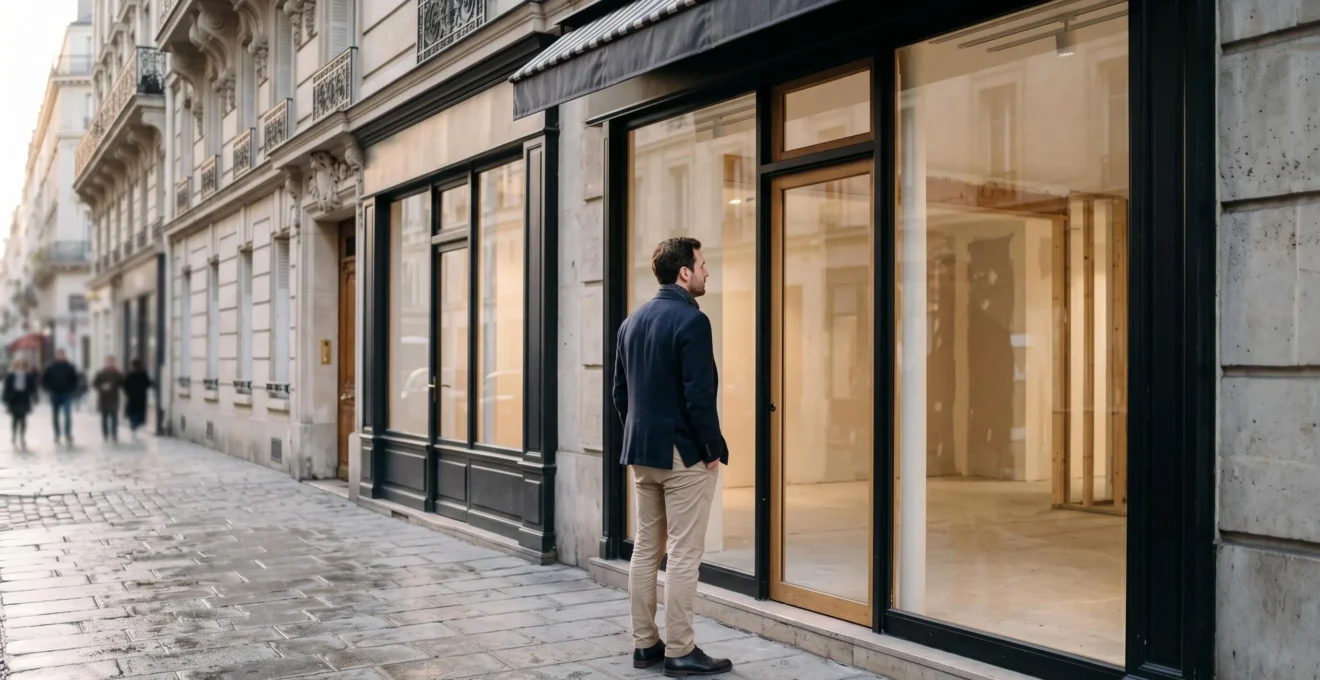 Entrepreneur observant la vitrine vide d'un local commercial avant la signature d'un bail de franchise