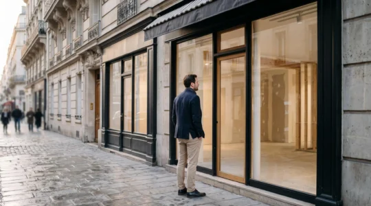 Entrepreneur observant la vitrine vide d'un local commercial avant la signature d'un bail de franchise