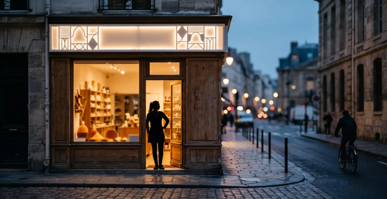 Vitrine de commerce de proximite le soir, incarnant le lien entre une marque nationale et son ancrage local