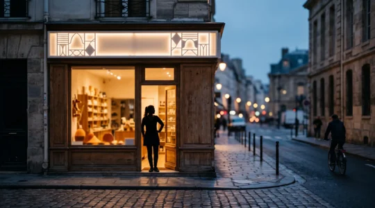 Vitrine de commerce de proximite le soir, incarnant le lien entre une marque nationale et son ancrage local