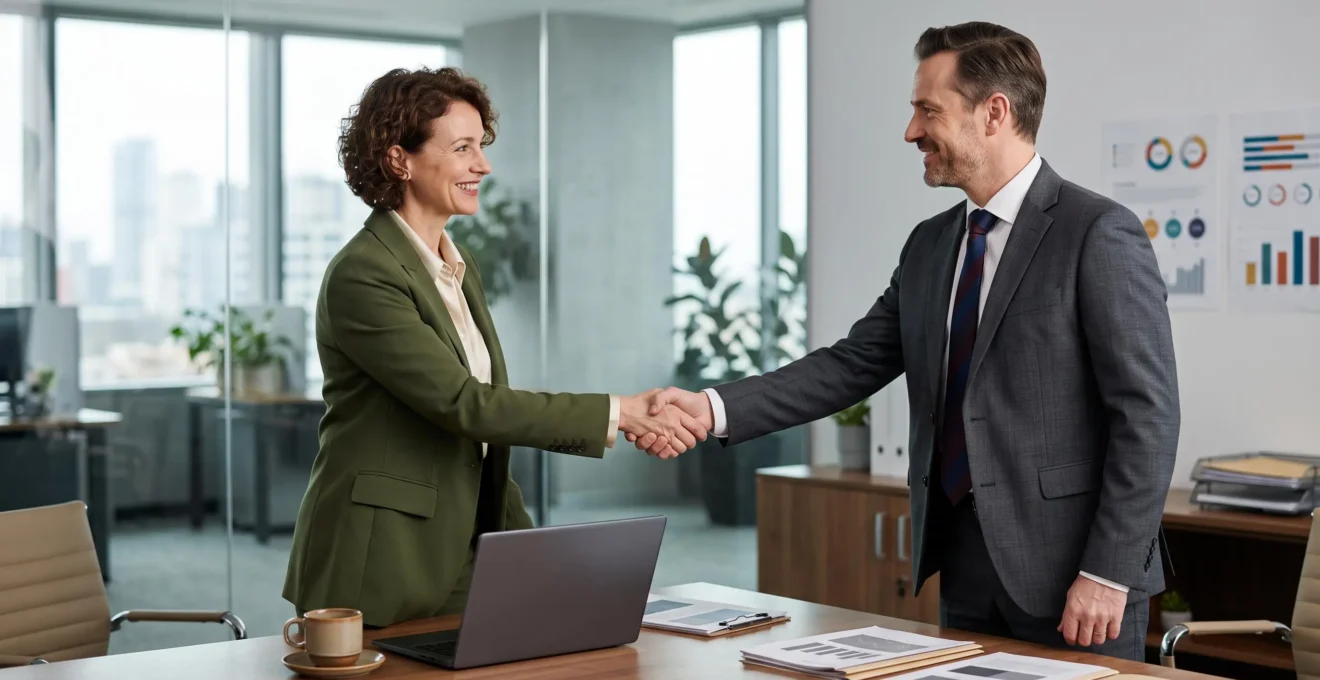 Entrepreneur et banquier se serrant la main autour d'un bureau avec des documents financiers flous, symbolisant la confiance dans le financement d'une franchise