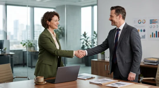 Entrepreneur et banquier se serrant la main autour d'un bureau avec des documents financiers flous, symbolisant la confiance dans le financement d'une franchise