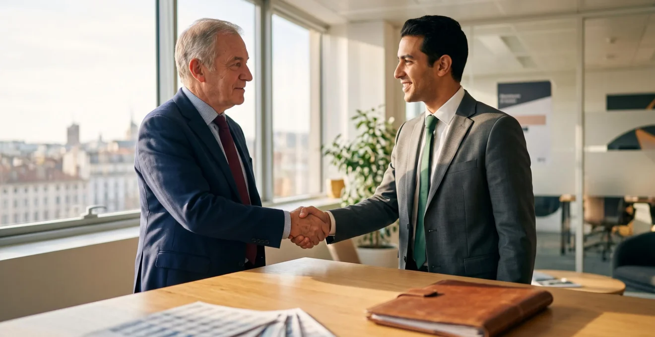 Photographie éditoriale illustrant la signature d'un contrat de franchise entre un franchiseur et un futur franchisé