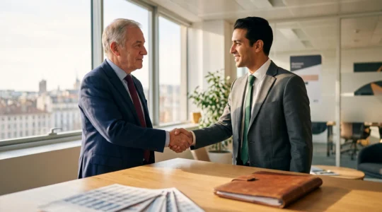 Photographie éditoriale illustrant la signature d'un contrat de franchise entre un franchiseur et un futur franchisé