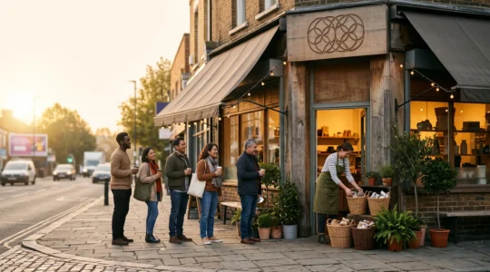 Vitrine d'un commerce en franchise animée par une file de clients lors de la semaine d'ouverture, symbolisant un agenda rempli dès le lancement