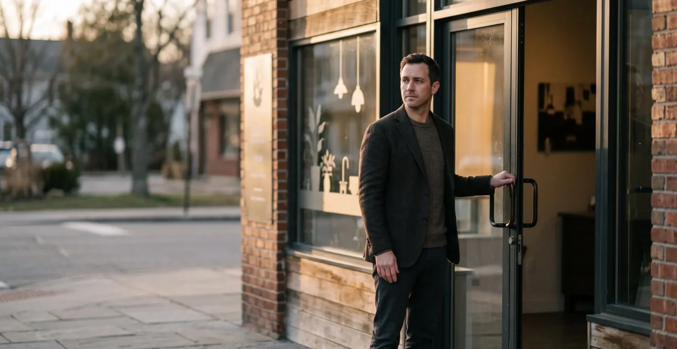 Entrepreneur debout face a la vitrine d'un commerce, en pleine reflexion avant de se lancer en franchise