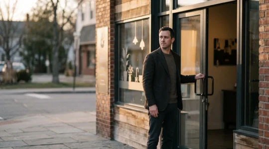Entrepreneur debout face a la vitrine d'un commerce, en pleine reflexion avant de se lancer en franchise