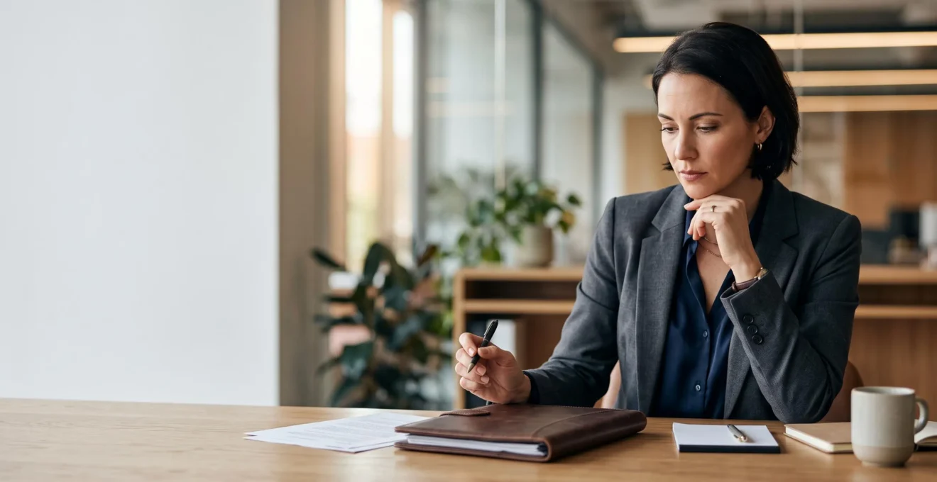 Entrepreneur pensif tenant un stylo suspendu au-dessus d'un contrat fermé, symbolisant la prudence avant de signer un document d'information précontractuel
