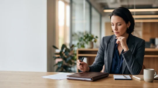 Entrepreneur pensif tenant un stylo suspendu au-dessus d'un contrat fermé, symbolisant la prudence avant de signer un document d'information précontractuel