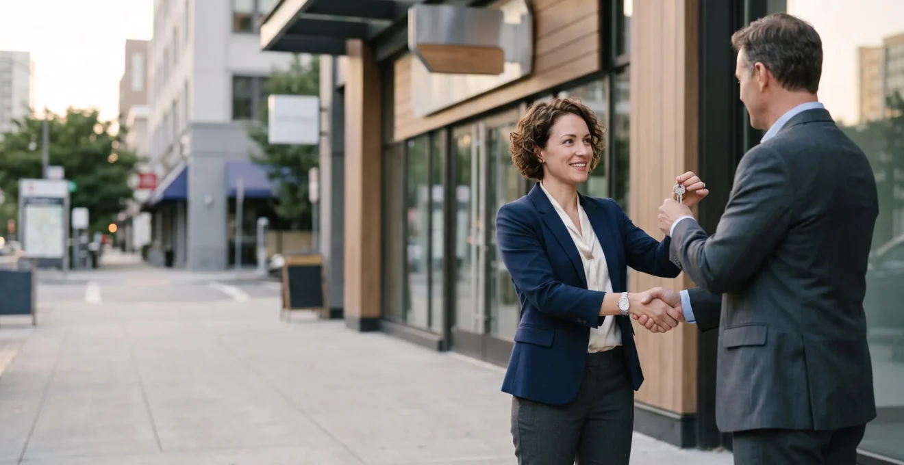 Entrepreneur recevant symboliquement les clés de son commerce en franchise après la sécurisation de son financement