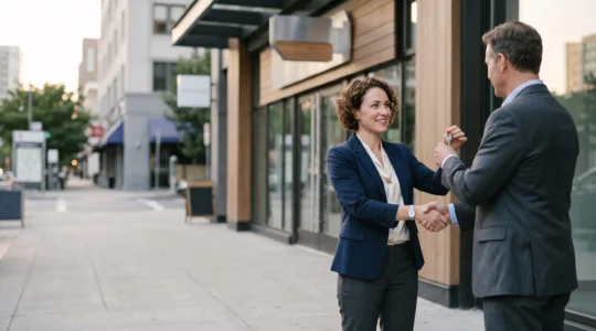 Entrepreneur recevant symboliquement les clés de son commerce en franchise après la sécurisation de son financement