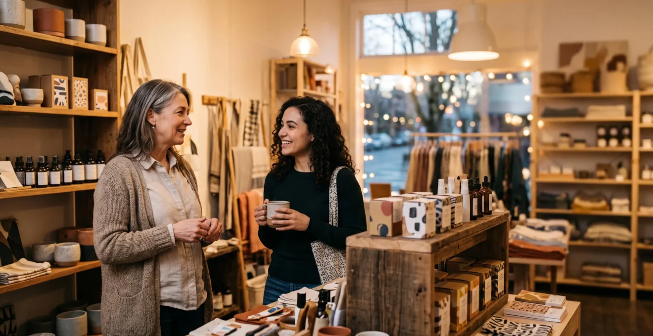 Intérieur chaleureux d'un point de vente prospère avec un client engagé dans une interaction commerciale de qualité
