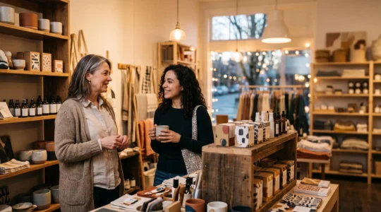 Intérieur chaleureux d'un point de vente prospère avec un client engagé dans une interaction commerciale de qualité