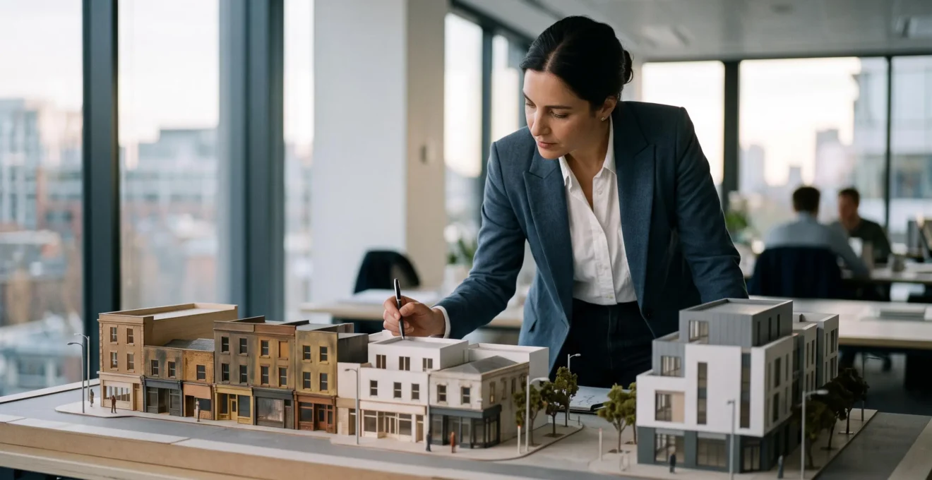 Entrepreneur examinant une maquette urbaine en couches représentant l'évolution historique d'un réseau de franchise avant un investissement