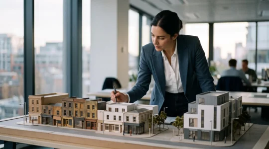 Entrepreneur examinant une maquette urbaine en couches représentant l'évolution historique d'un réseau de franchise avant un investissement