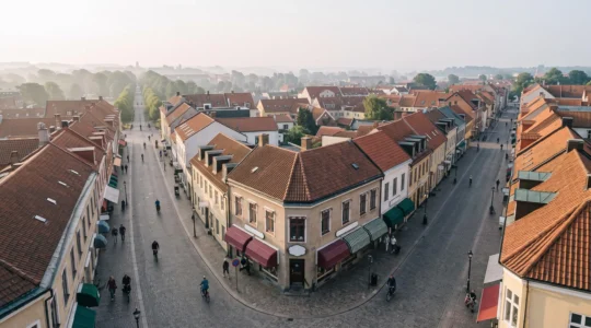 Vue aérienne minimaliste d'un quartier commerçant avec des rues rayonnant autour d'un point de vente, symbolisant une zone de chalandise